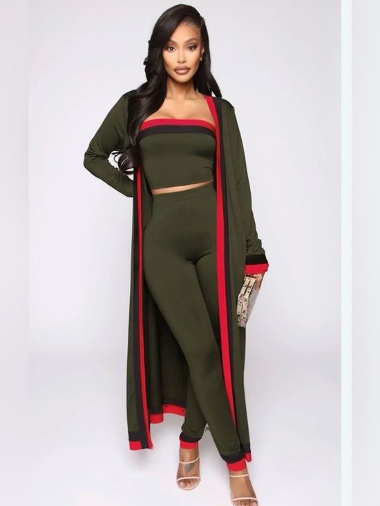 Fashion Nova Pants - My way 3 pc Olive Green  Lounge Jumpsuit Set with Red Trim